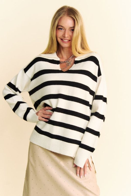 High-Low Side Slit Striped Johnny Collar Sweater