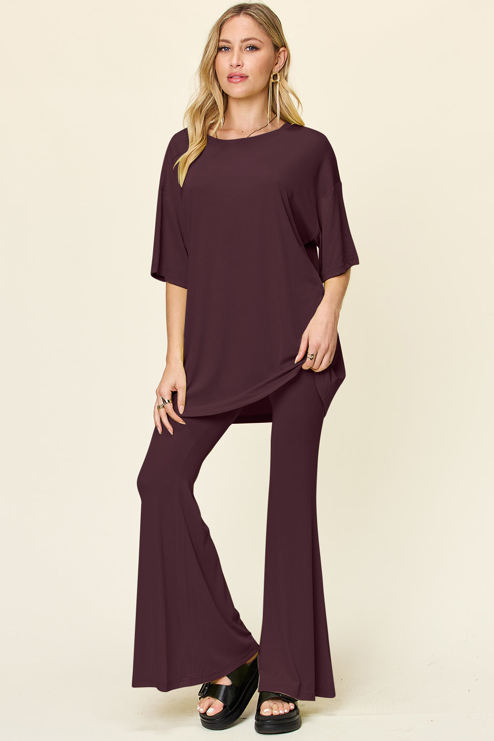 Brecklyn Round Neck Drop Shoulder T-Shirt and Flare Pants Set