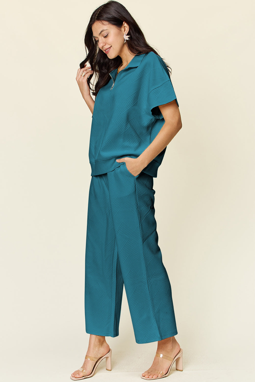 Palmer Texture Half Zip Short Sleeve Top and Pants Set