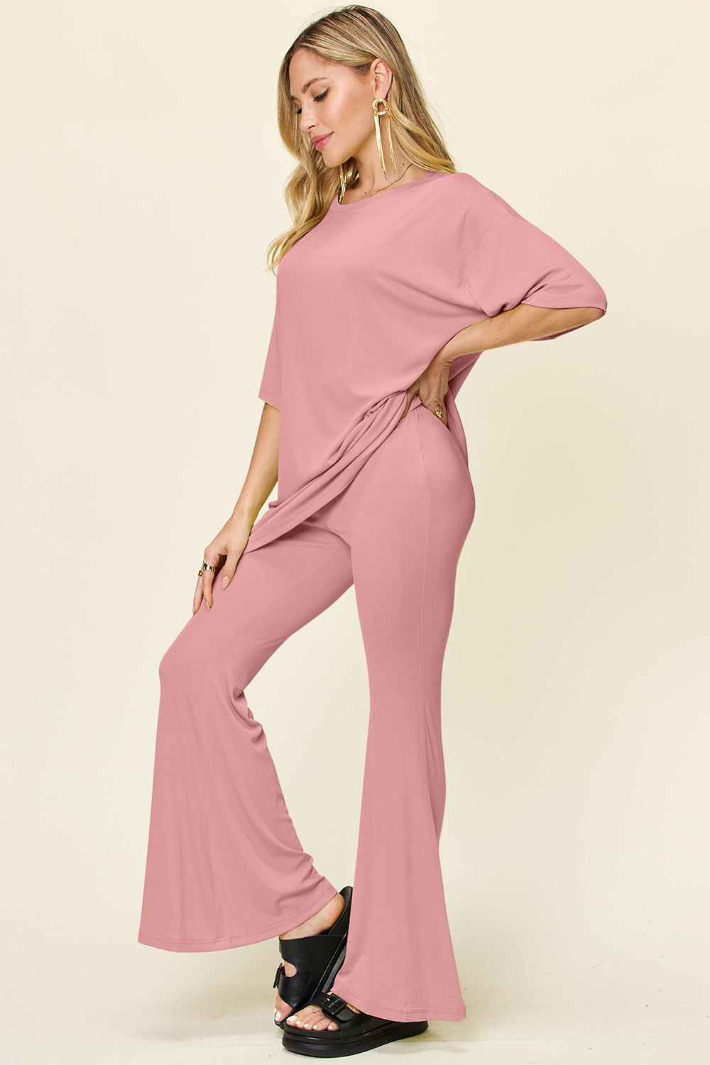 Brecklyn Round Neck Drop Shoulder T-Shirt and Flare Pants Set