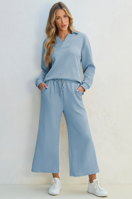 Stephanie Textured Collared Neck Top and Wide Leg Pants Set