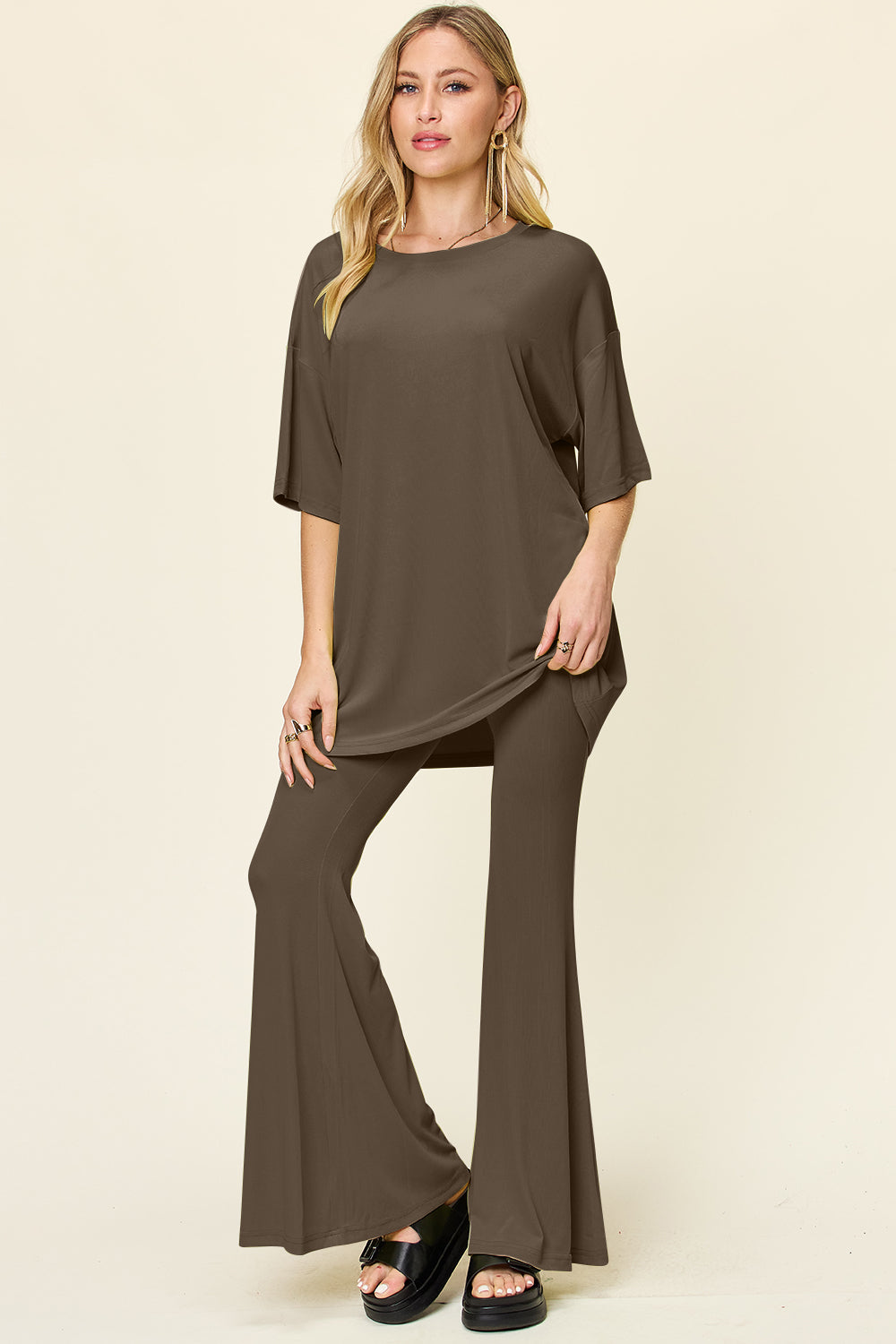 Brecklyn Round Neck Drop Shoulder T-Shirt and Flare Pants Set