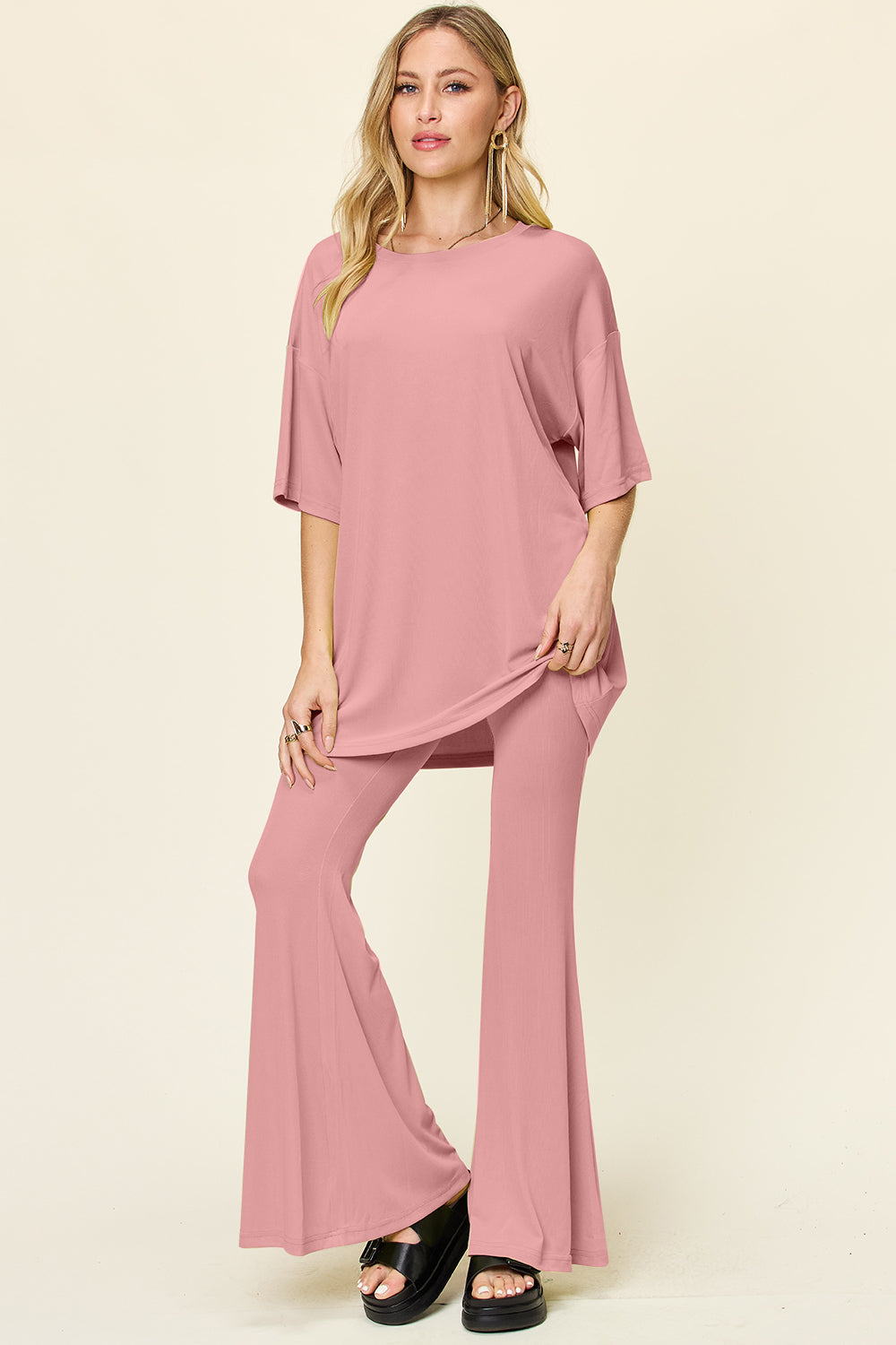 Brecklyn Round Neck Drop Shoulder T-Shirt and Flare Pants Set