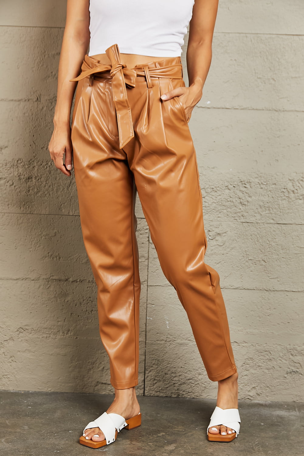 Faux Leather Paperbag Waist Pants