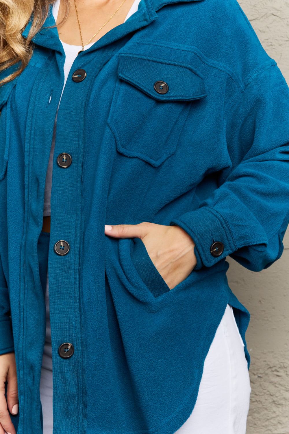 Clare Cozy in the Cabin Fleece Elbow Patch Shacket in Teal