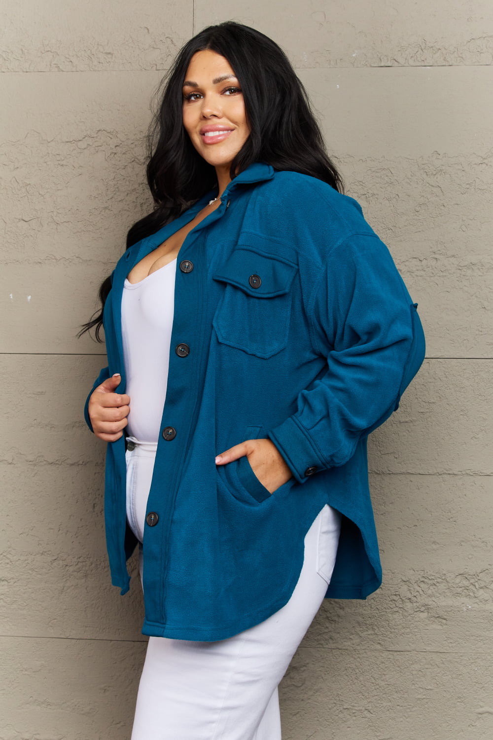 Clare Cozy in the Cabin Fleece Elbow Patch Shacket in Teal