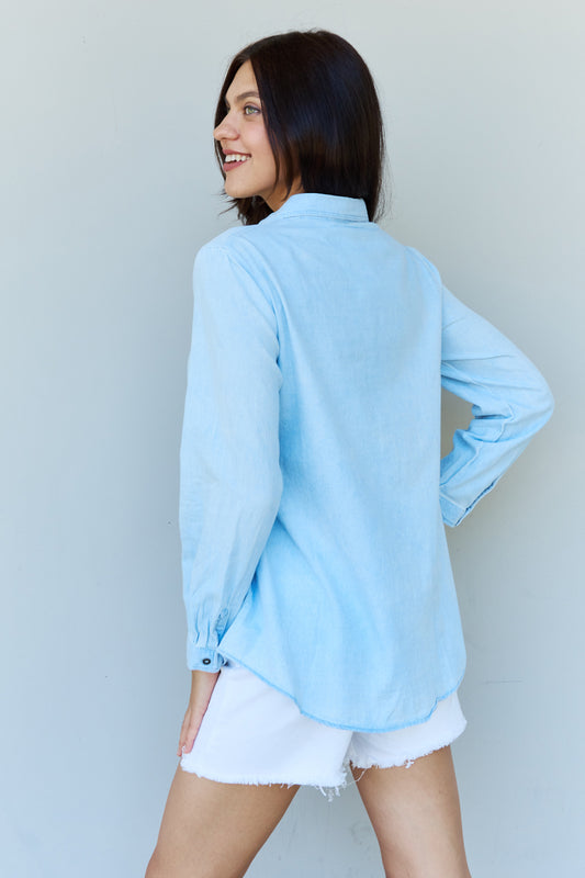 Denim Button Down Shirt Top in Light Blue