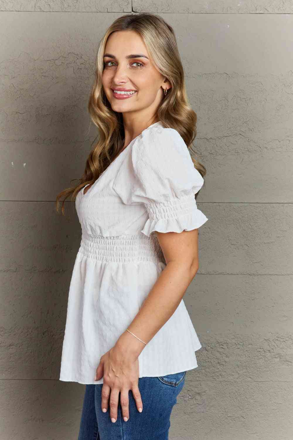 Sweet Serenity V-Neck Puff Sleeve Button Down Top