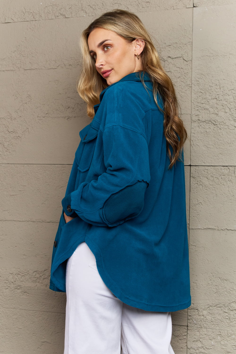 Clare Cozy in the Cabin Fleece Elbow Patch Shacket in Teal