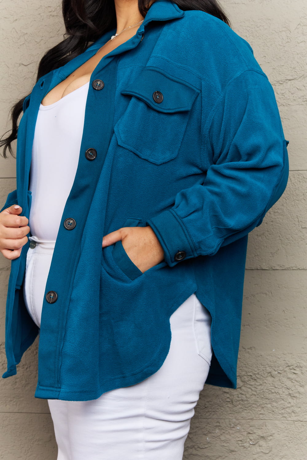 Clare Cozy in the Cabin Fleece Elbow Patch Shacket in Teal