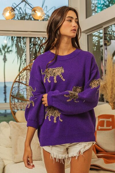 Tiger Pattern Long Sleeve Sweater Emma Bleu