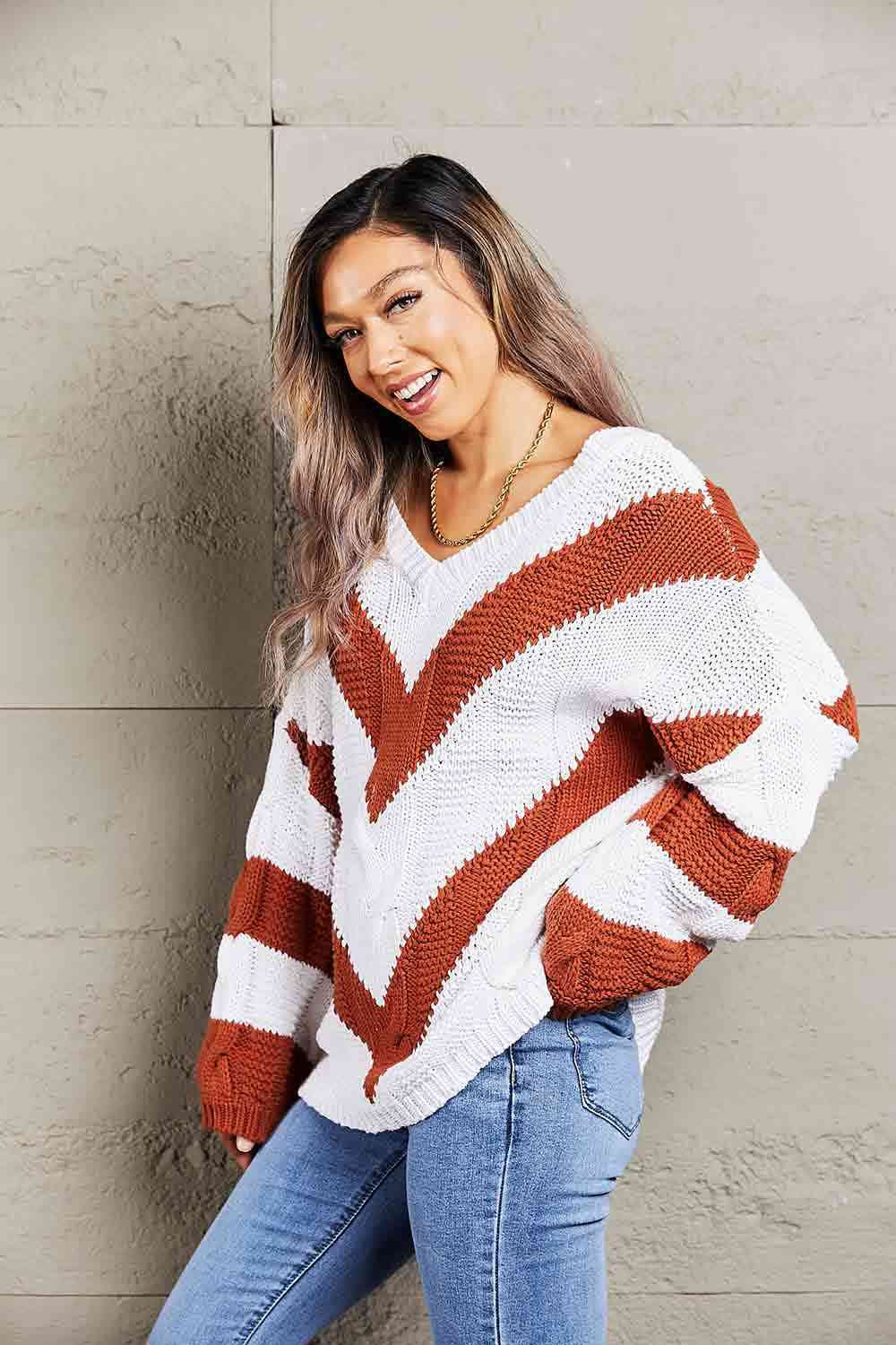 Chevron Cable-Knit V-Neck Tunic Sweater