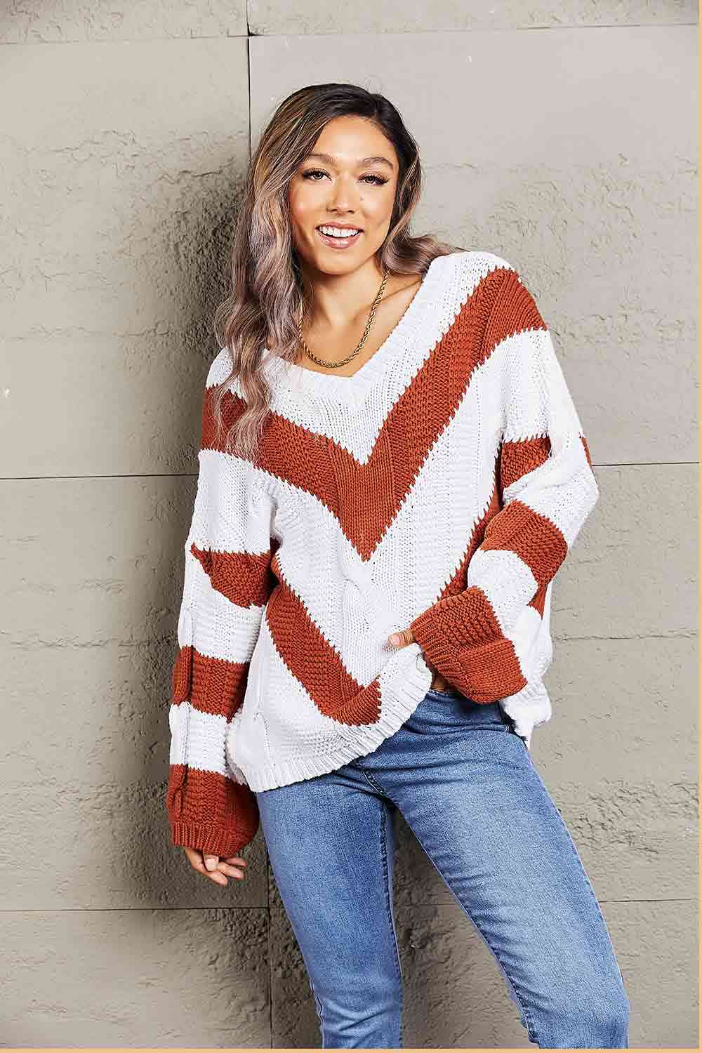 Chevron Cable-Knit V-Neck Tunic Sweater