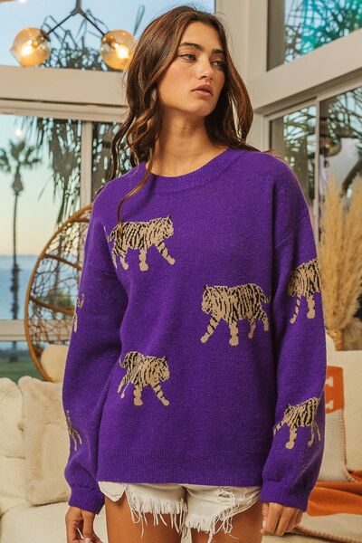 Tiger Pattern Long Sleeve Sweater Emma Bleu