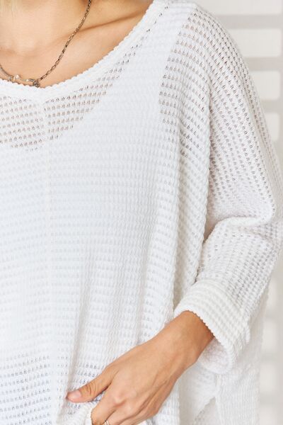 Waffle Knit V-Neck Long Sleeve Slit Top