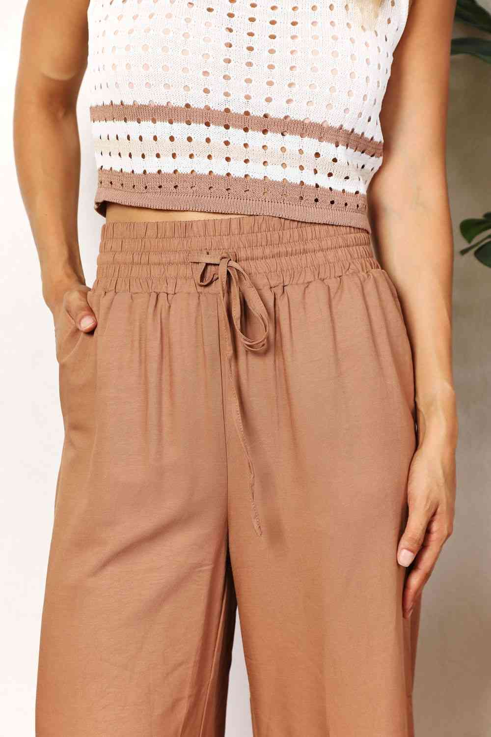 Drawstring Smocked Waist Wide Leg Pants