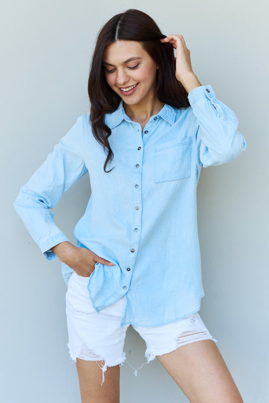 Denim Button Down Shirt Top in Light Blue