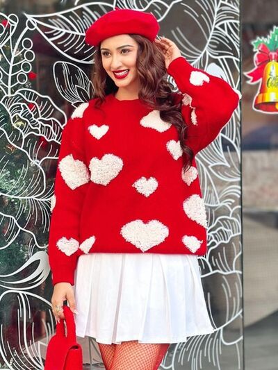 Heart Round Neck Dropped Shoulder Sweater