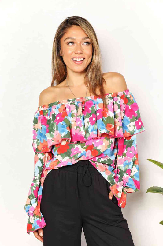 Floral Off-Shoulder Flounce Sleeve Layered Blouse