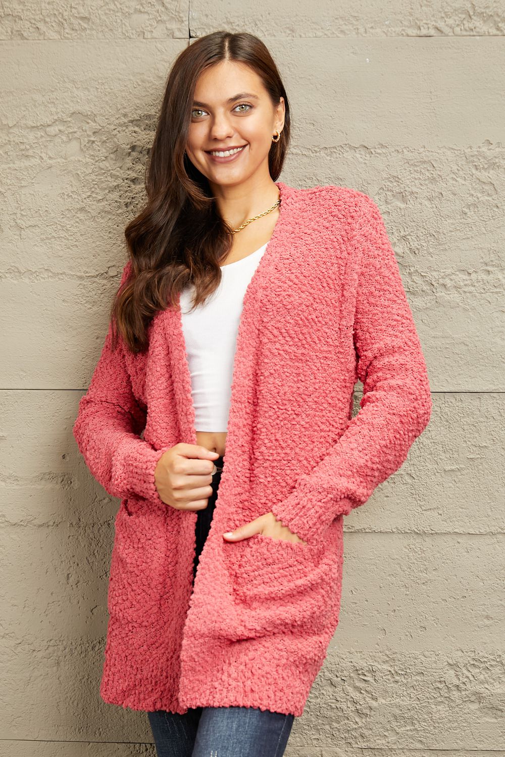 Falling For You Open Front Popcorn Cardigan