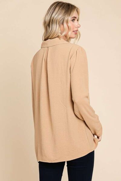 Lapel Collar Ruched Long Sleeve Blouse