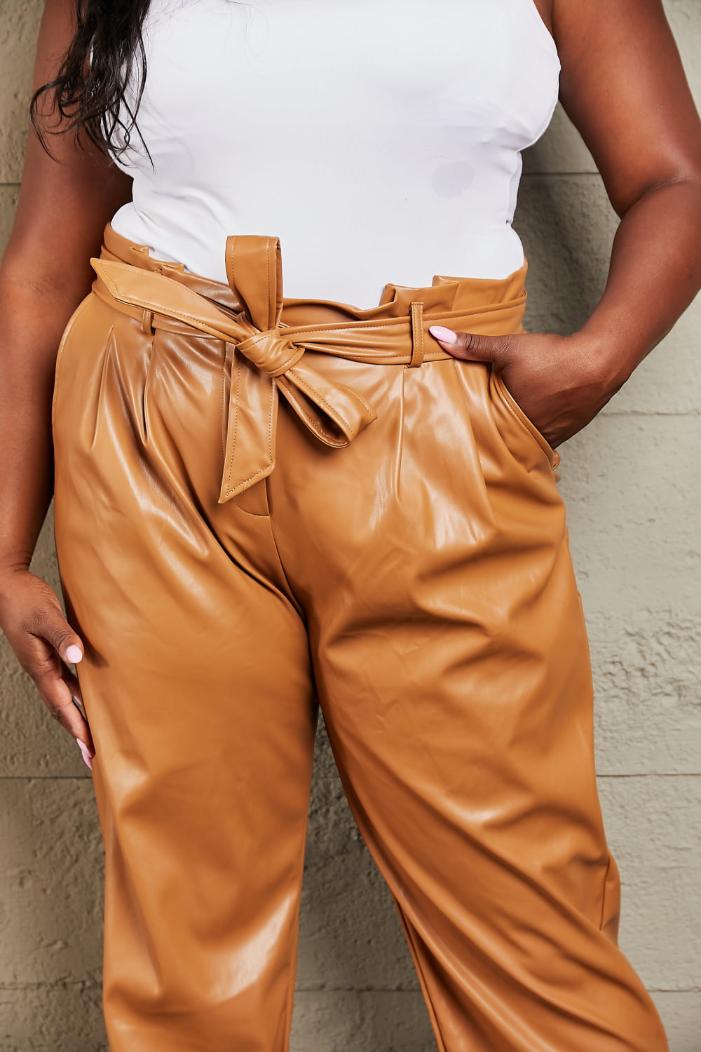 Faux Leather Paperbag Waist Pants