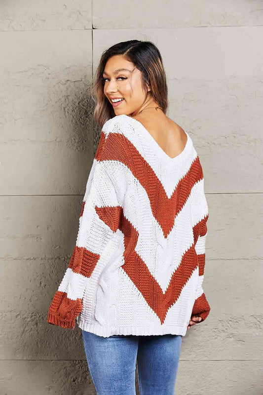 Chevron Cable-Knit V-Neck Tunic Sweater