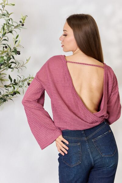 Waffle-Knit Round Neck Long Sleeve Blouse