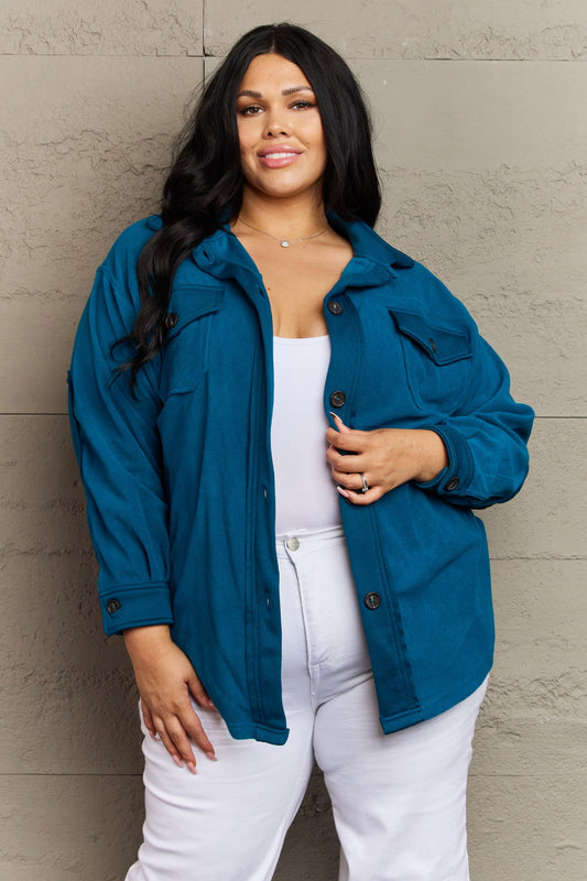 Clare Cozy in the Cabin Fleece Elbow Patch Shacket in Teal