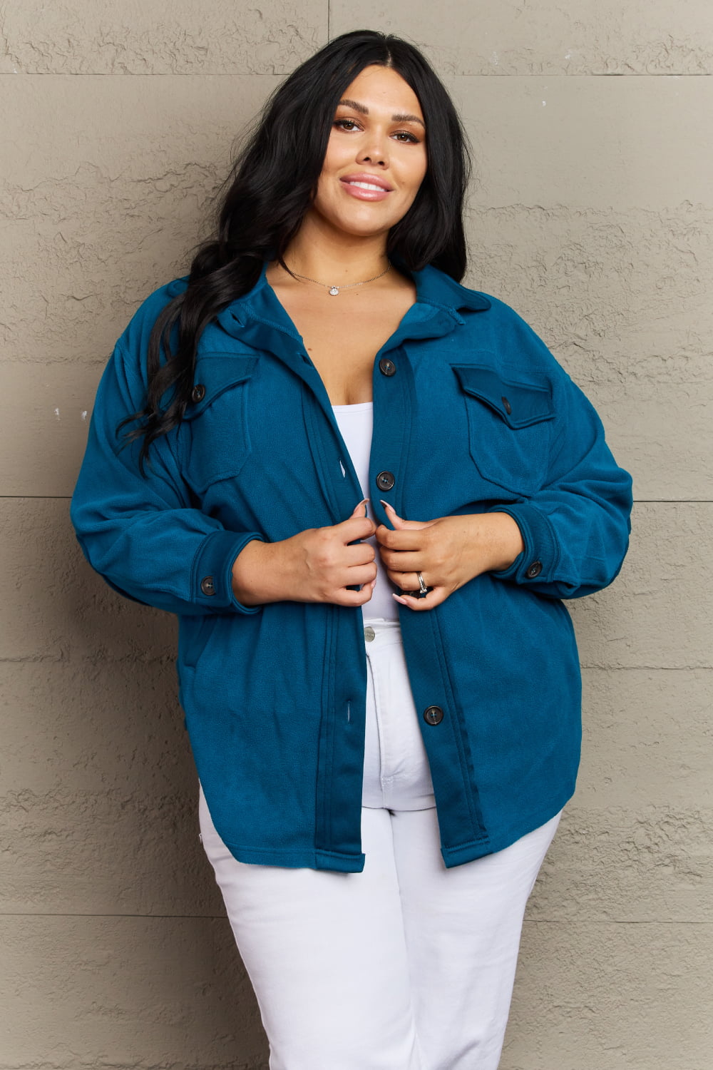 Clare Cozy in the Cabin Fleece Elbow Patch Shacket in Teal