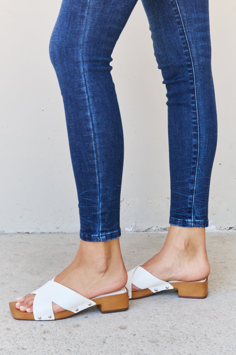 Criss Cross Wooden Clog Mule in White