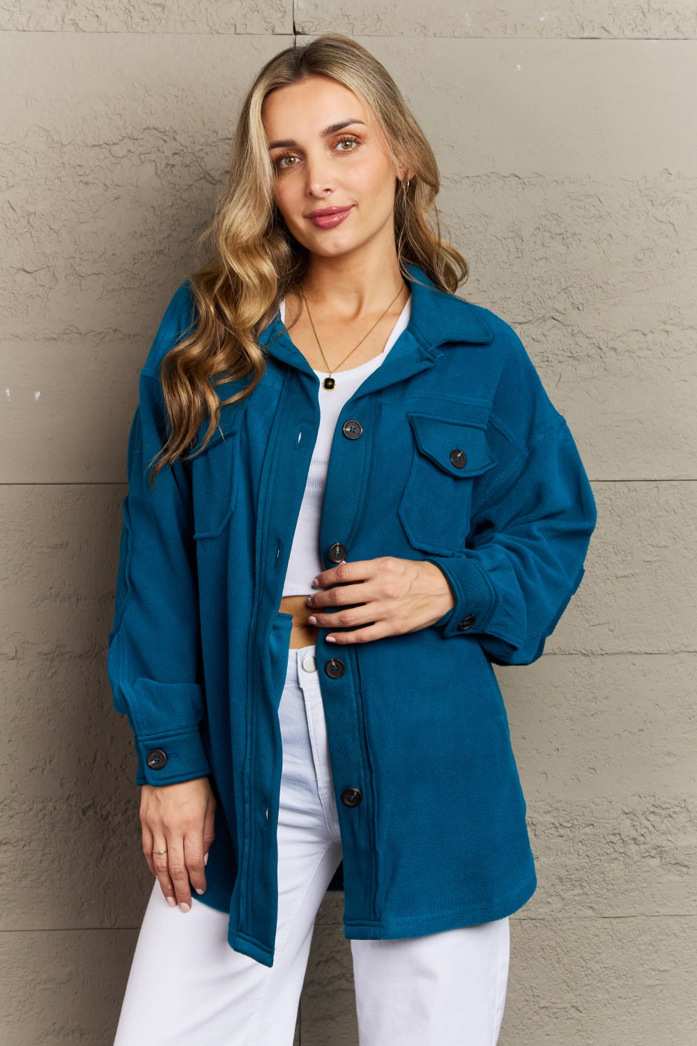 Clare Cozy in the Cabin Fleece Elbow Patch Shacket in Teal