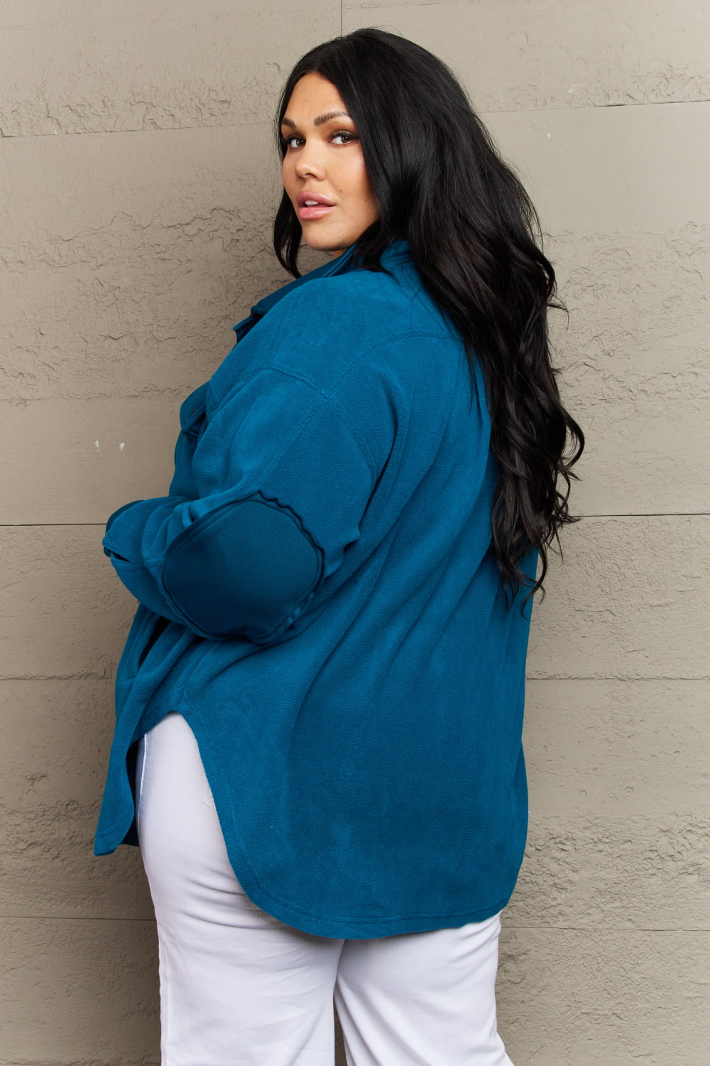 Clare Cozy in the Cabin Fleece Elbow Patch Shacket in Teal