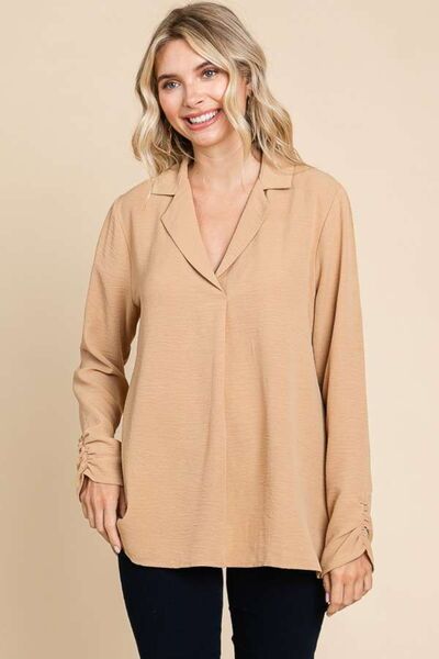 Lapel Collar Ruched Long Sleeve Blouse