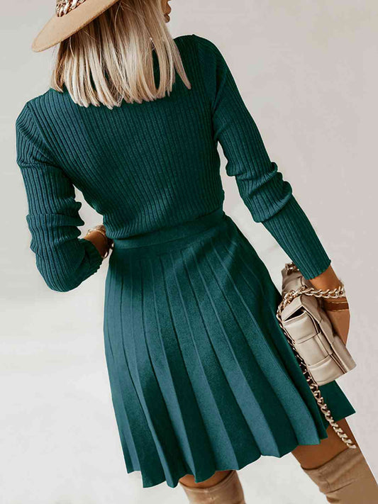 Tie Front Pleated Sweater Dress