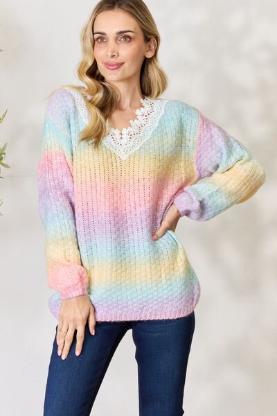 Rainbow Gradient Crochet Deetail Sweater