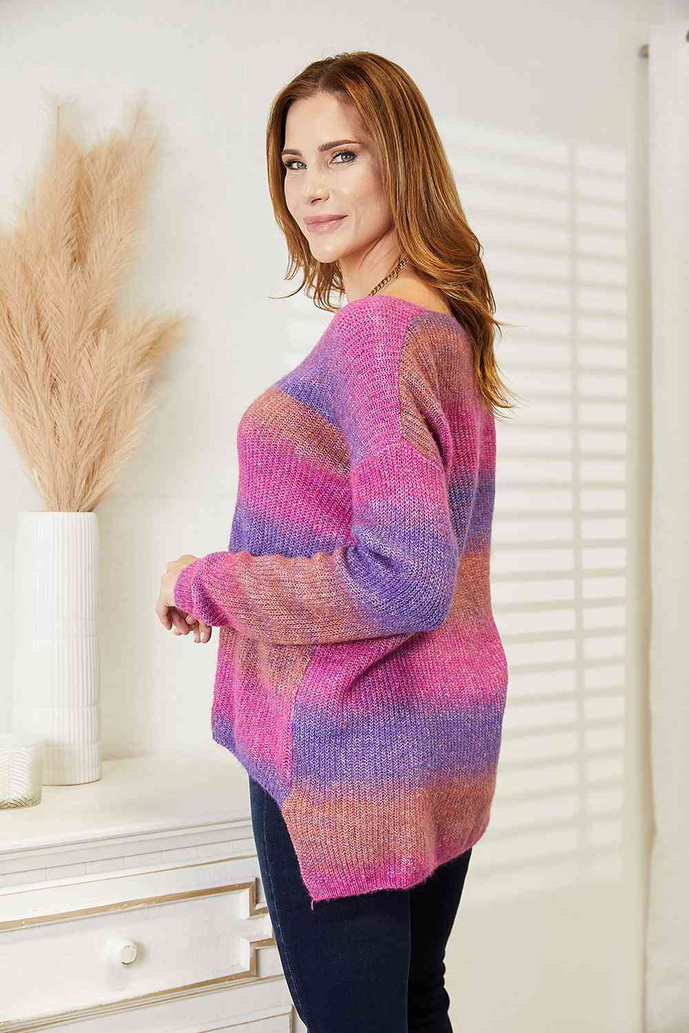 Multicolored Rib-Knit V-Neck Knit Pullover